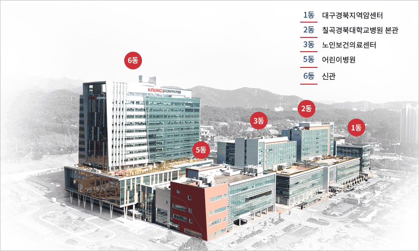 1동:대구경북지역암센터 2동:칠곡경북대학교병원본관 3동:노인보건의료센터 5동:어린이병원